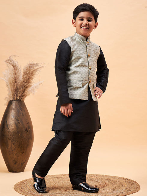 Boy's Beige Woven Nehru Jacket With Black Kurta Pyjama Set