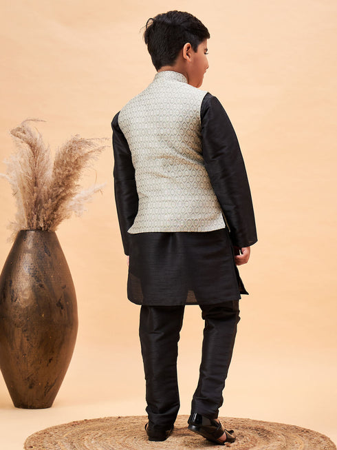 Boy's Beige Woven Nehru Jacket With Black Kurta Pyjama Set