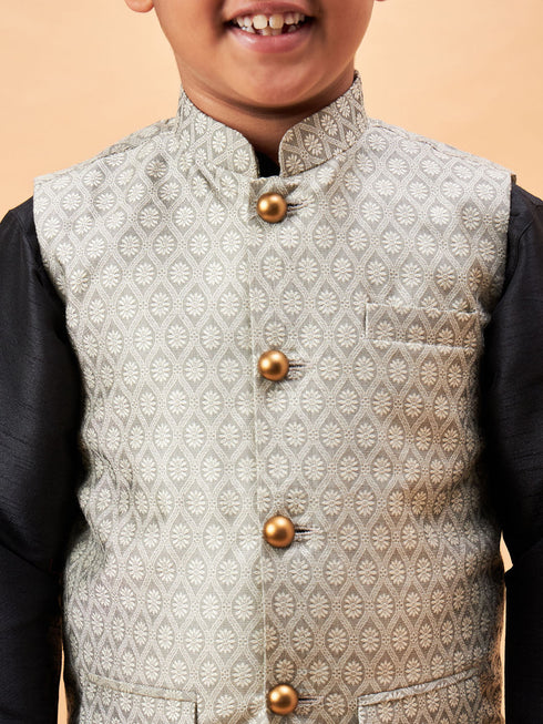 Boy's Beige Woven Nehru Jacket With Black Kurta Pyjama Set
