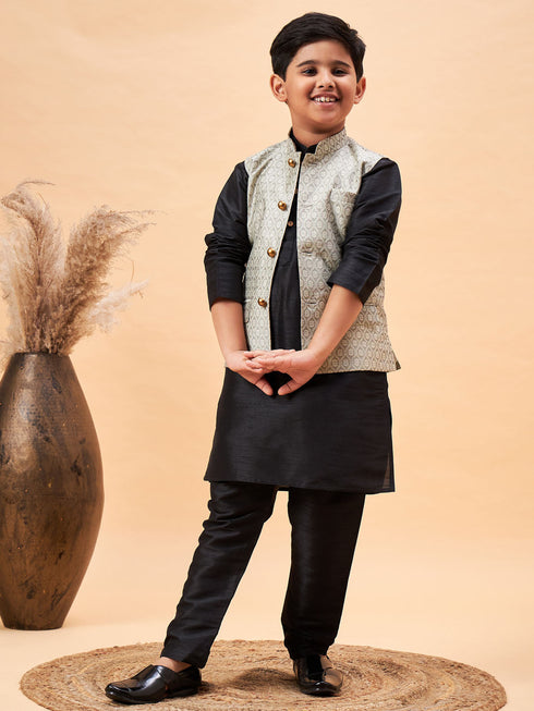 Boy's Beige Woven Nehru Jacket With Black Kurta Pyjama Set