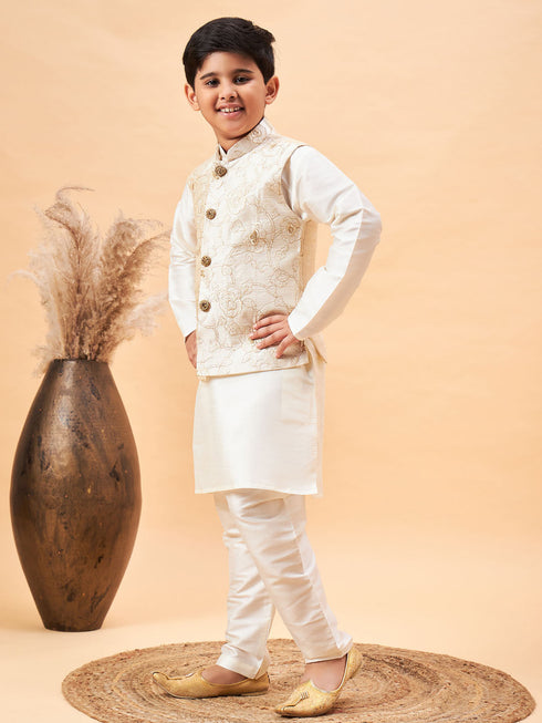 Boy's Beige Nehru Jacket With Cream Kurta And Pyjama Set