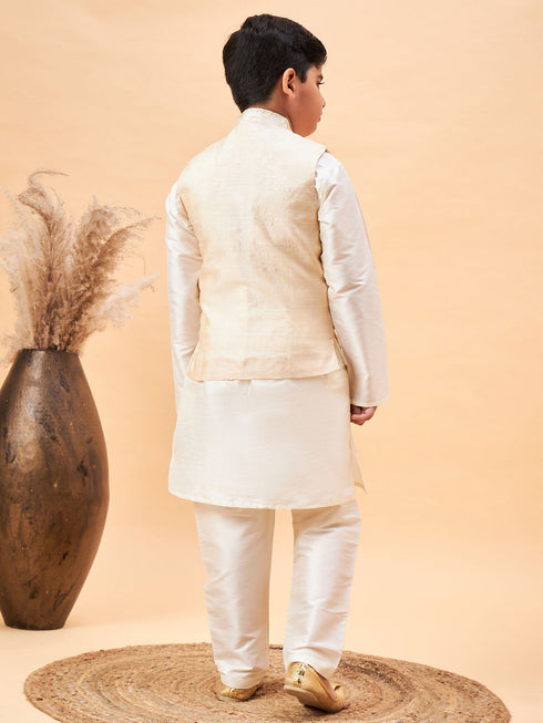 Boy's Beige Nehru Jacket With Cream Kurta And Pyjama Set