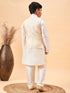 Boy's Beige Nehru Jacket With Cream Kurta And Pyjama Set