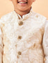 Boy's Beige Nehru Jacket With Cream Kurta And Pyjama Set