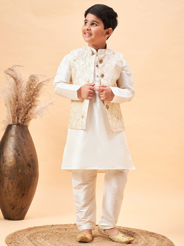 Boy's Beige Nehru Jacket With Cream Kurta And Pyjama Set