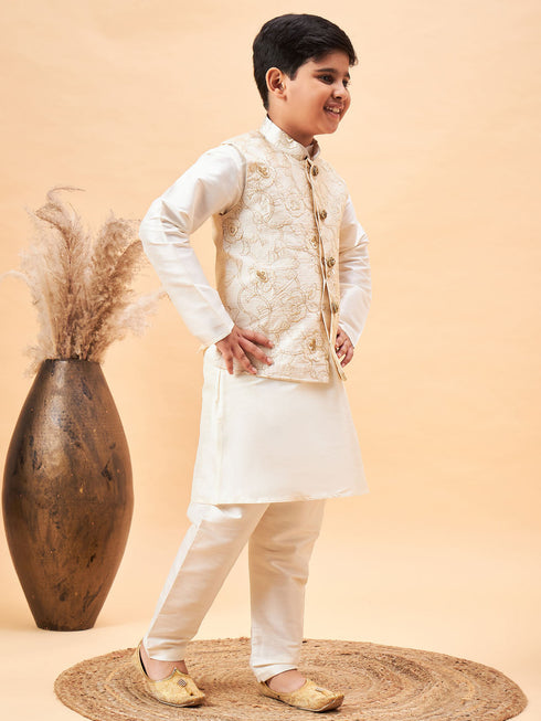 Boy's Beige Nehru Jacket With Cream Kurta And Pyjama Set