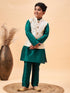 Boy's Beige Woven Nehru Jacket With Green Kurta Pyjama Set