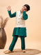 Boy's Beige Woven Nehru Jacket With Green Kurta Pyjama Set