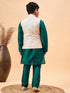 Boy's Beige Woven Nehru Jacket With Green Kurta Pyjama Set