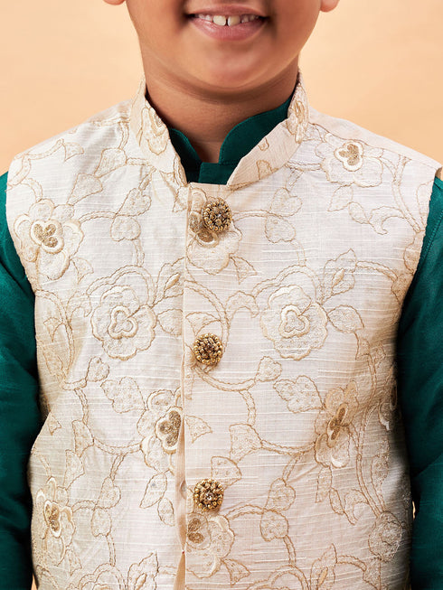 Boy's Beige Woven Nehru Jacket With Green Kurta Pyjama Set