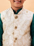 Boy's Beige Woven Nehru Jacket With Green Kurta Pyjama Set