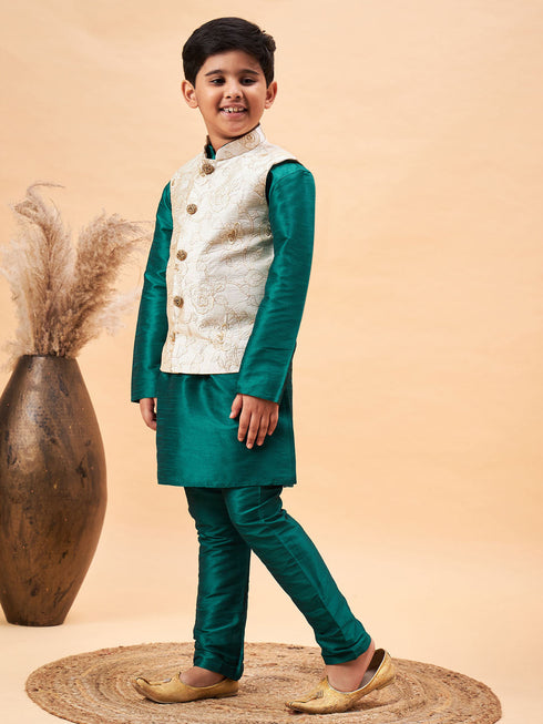 Boy's Beige Woven Nehru Jacket With Green Kurta Pyjama Set