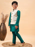 Boy's Beige Woven Nehru Jacket With Green Kurta Pyjama Set