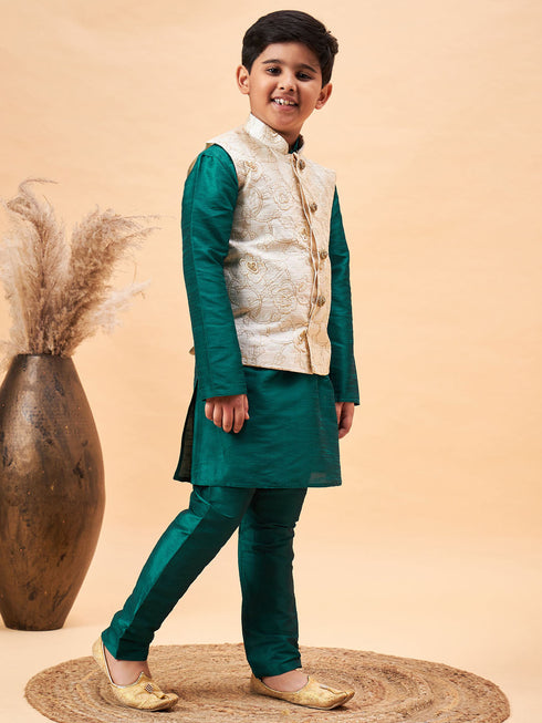 Boy's Beige Woven Nehru Jacket With Green Kurta Pyjama Set
