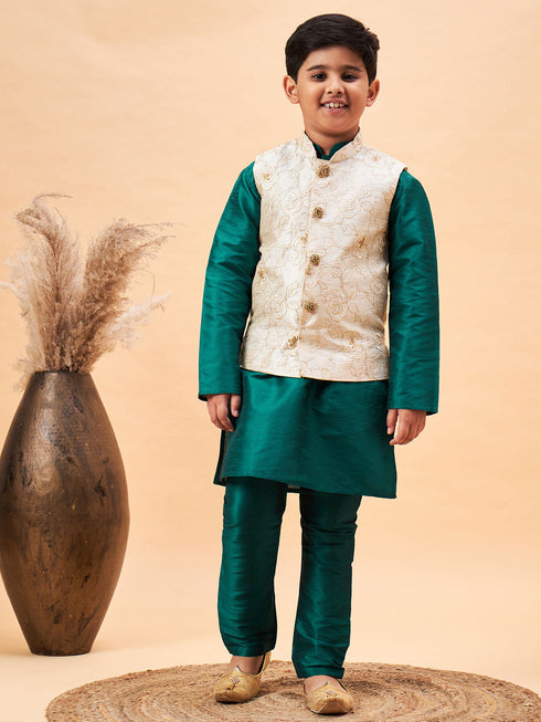 Boy's Beige Woven Nehru Jacket With Green Kurta Pyjama Set