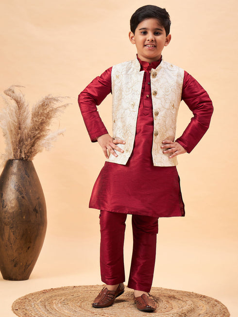 Boy's Beige Woven Jacket With Maroon Kurta And Pyjama Set