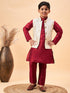 Boy's Beige Woven Jacket With Maroon Kurta And Pyjama Set