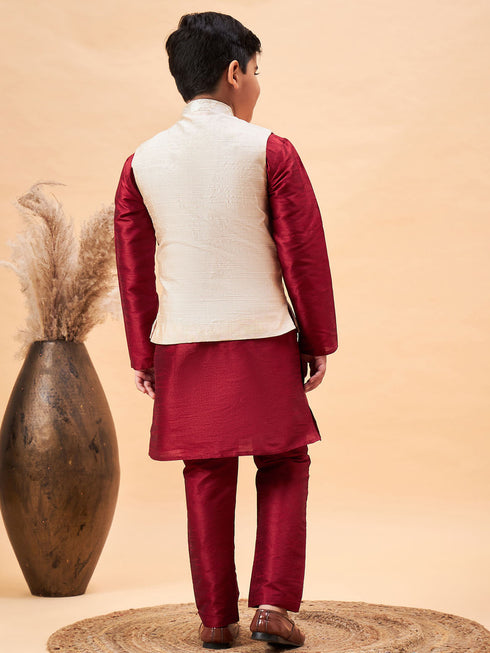 Boy's Beige Woven Jacket With Maroon Kurta And Pyjama Set