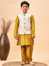 Boy's Beige Nehru Jacket With Mustard Kurta And Pyjama Set