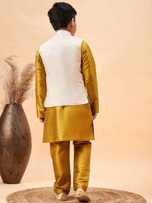 Boy's Beige Nehru Jacket With Mustard Kurta And Pyjama Set