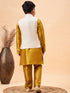 Boy's Beige Nehru Jacket With Mustard Kurta And Pyjama Set