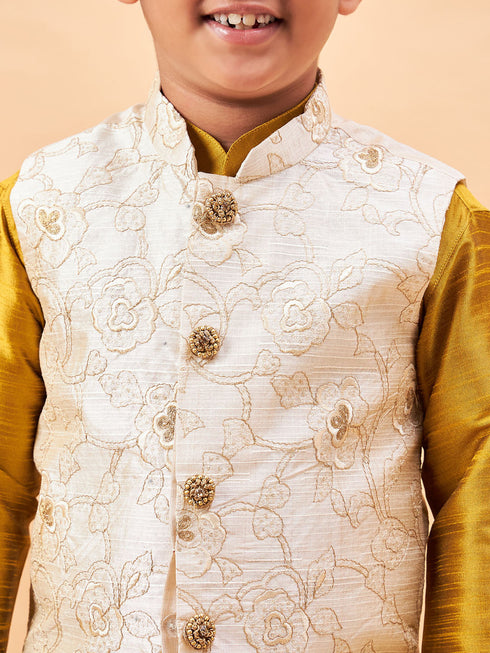 Boy's Beige Nehru Jacket With Mustard Kurta And Pyjama Set