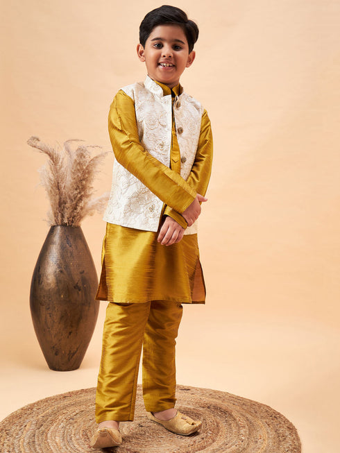 Boy's Beige Nehru Jacket With Mustard Kurta And Pyjama Set