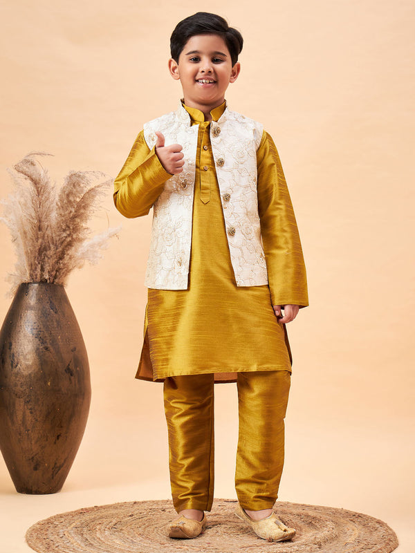 Boy's Beige Nehru Jacket With Mustard Kurta And Pyjama Set
