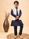Boy's Beige Woven Nehru Jacket With Navy Blue Kurta Pyjama Set