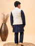 Boy's Beige Woven Nehru Jacket With Navy Blue Kurta Pyjama Set