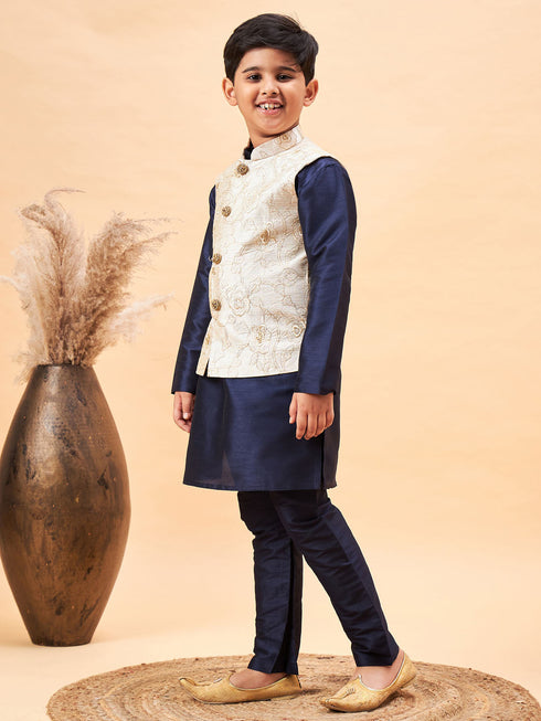 Boy's Beige Woven Nehru Jacket With Navy Blue Kurta Pyjama Set