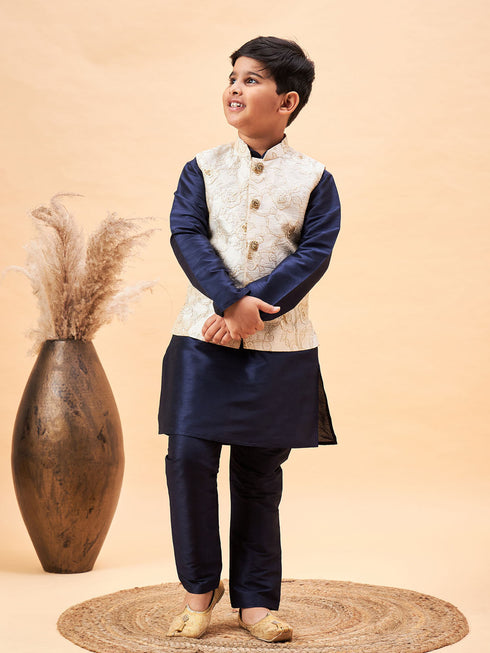 Boy's Beige Woven Nehru Jacket With Navy Blue Kurta Pyjama Set