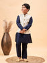 Boy's Beige Woven Nehru Jacket With Navy Blue Kurta Pyjama Set