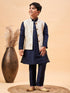Boy's Beige Woven Nehru Jacket With Navy Blue Kurta Pyjama Set