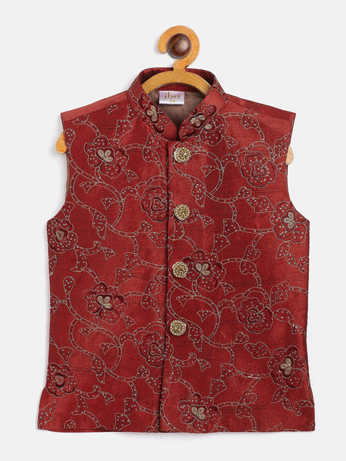 Boy's Maroon Silk Blend Embroidered Nehru Jacket
