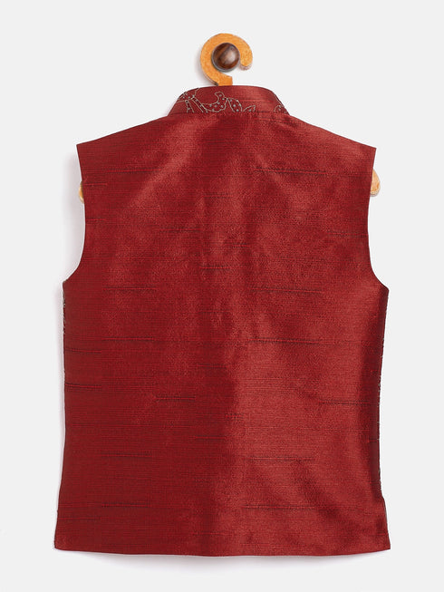 Boy's Maroon Silk Blend Embroidered Nehru Jacket