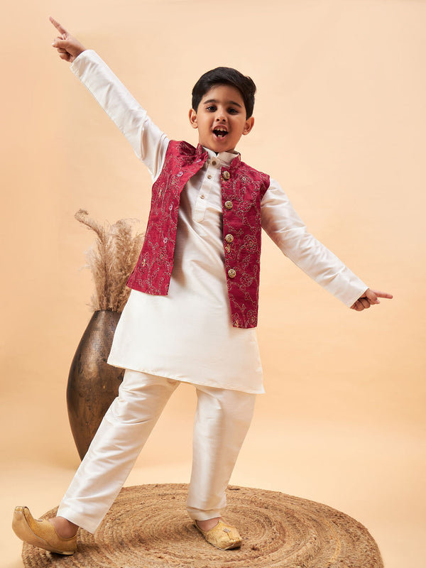 Boy's Maroon Nehru Jacket With Cream Kurta And Pyjama Set