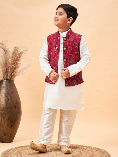 Boy's Maroon Nehru Jacket With Cream Kurta And Pyjama Set