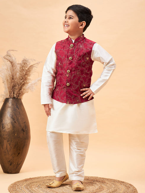 Boy's Maroon Nehru Jacket With Cream Kurta And Pyjama Set