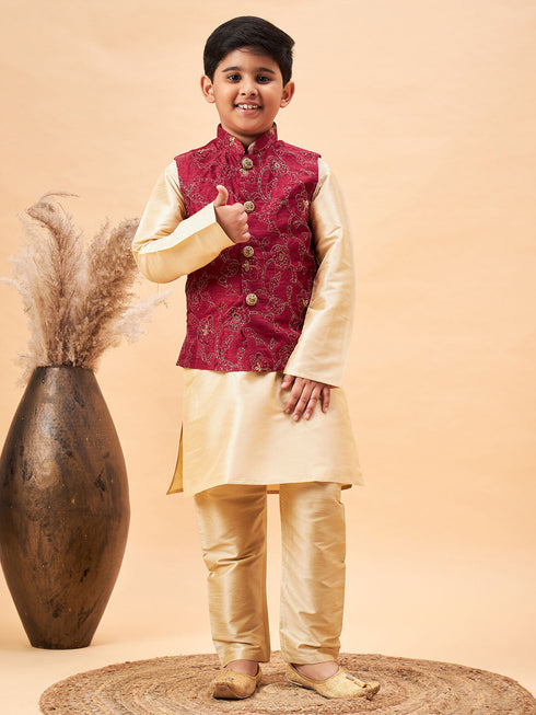 Boy's Maroon Nehru Jacket With Gold Kurta And Pyjama Set