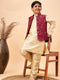 Boy's Maroon Nehru Jacket With Gold Kurta And Pyjama Set
