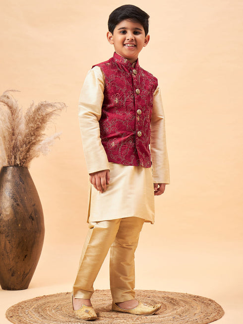 Boy's Maroon Nehru Jacket With Gold Kurta And Pyjama Set
