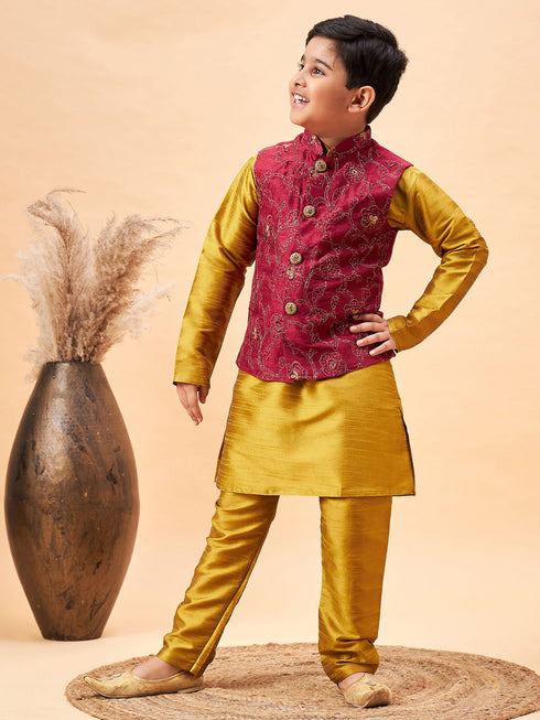 Boy's Maroon Woven Jacket With Mustard Kurta And Pyjama Set