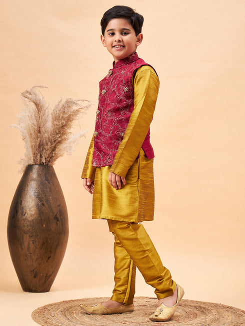 Boy's Maroon Woven Jacket With Mustard Kurta And Pyjama Set
