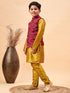 Boy's Maroon Woven Jacket With Mustard Kurta And Pyjama Set