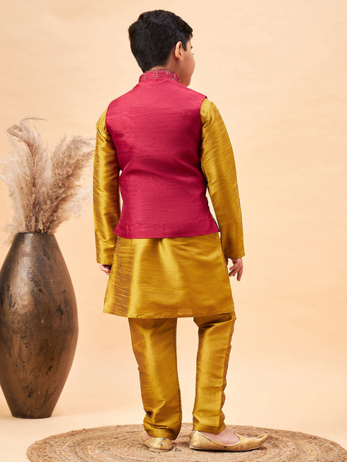 Boy's Maroon Woven Jacket With Mustard Kurta And Pyjama Set