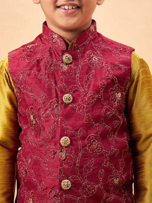 Boy's Maroon Woven Jacket With Mustard Kurta And Pyjama Set
