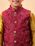 Boy's Maroon Woven Jacket With Mustard Kurta And Pyjama Set