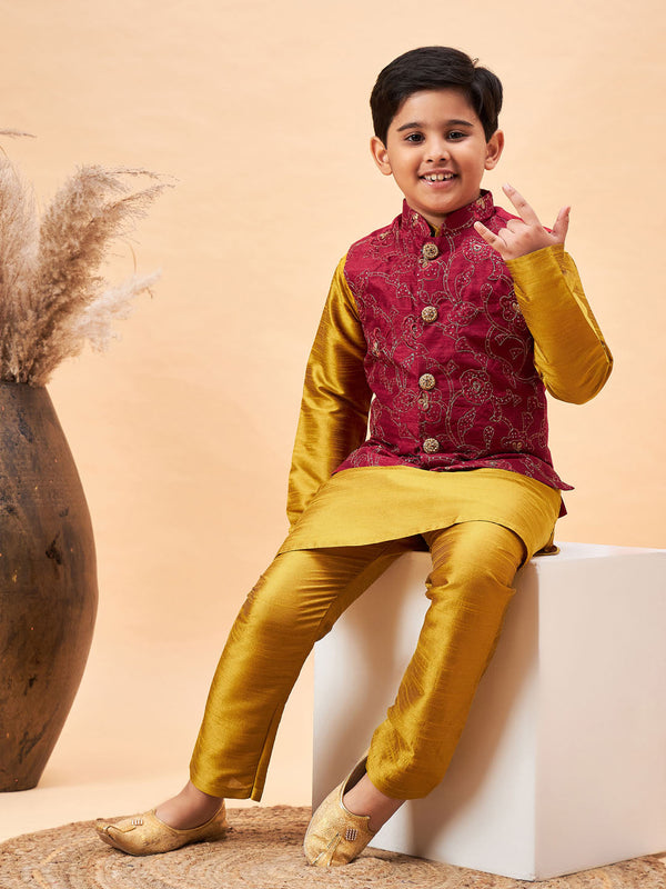 Boy's Maroon Woven Jacket With Mustard Kurta And Pyjama Set