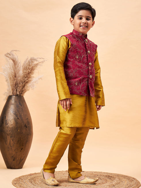 Boy's Maroon Woven Jacket With Mustard Kurta And Pyjama Set